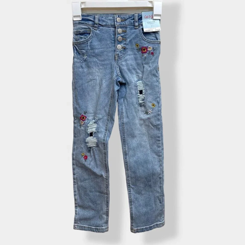 Cat & Jack‎ Girls Floral Embroidered Button Front Girlfriend Jeans